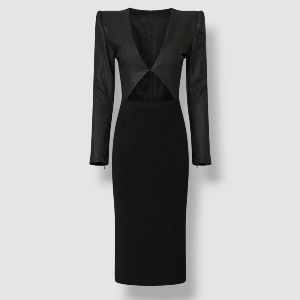 Sergio Hudson Leather Mixed Media Cutout Dress in Black‎ Size 10 - Picture 5 of 15